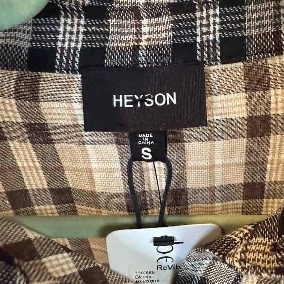 Heyson Brown, Cream and Black Plaid Button-Up Peplum Shirt New - Picture 5 of 7